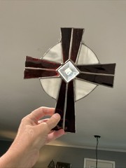 Vintage Stained Glass Cross Suncatcher Red, Gray Slag Glass Beveled Ctr Hanging