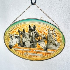 Amia 5 Horses Suncatcher Stained Glass Hand Painted Western Decor Amber/Teal 9×7