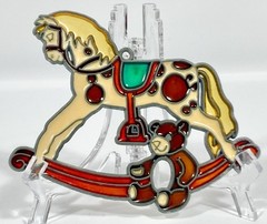 Vtg Stained Glass Window Sun Catcher Rocking Horse Pony Teddy Bear 5 1/2”x4 1/2″