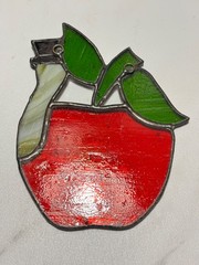 Handmade Stained Glass Apple Sun Catcher Window Hanging Red Green 4.75”