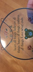 VTG Teddy Bear Holding a Heart Stained Glass “Love Never Ends” 5X5 Suncatcher