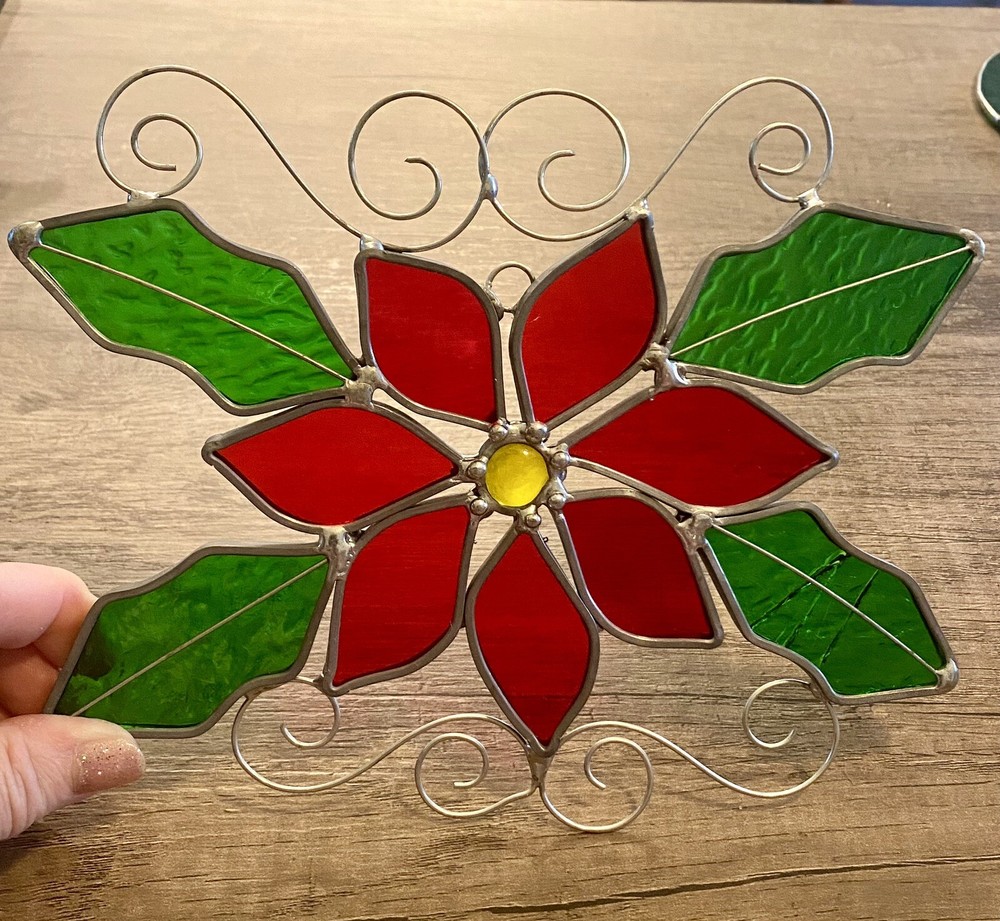 Vintage Handmade Poinsettia Stained Glass Sun Catcher 8x6in