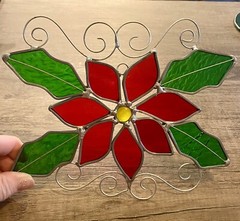 Vintage Handmade Poinsettia Stained Glass Sun Catcher 8x6in