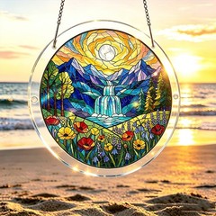 Classic Waterfall Mountain Moon Round Acrylic Puzzle Suncatcher Wall Hanging