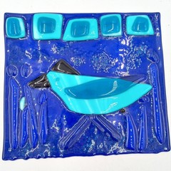 Abstract Blue Bird Fused Glass Art Suncatcher Tile Sculpture OOAK Collectible