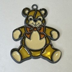 Vintage Suncatcher Window Decor Yellow Teddy Bear Toy Red Bow 3.5”