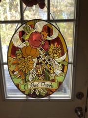 Joan Baker Handpainted Stained Glass Sun Catcher Give Thanks New Old Stock 9”