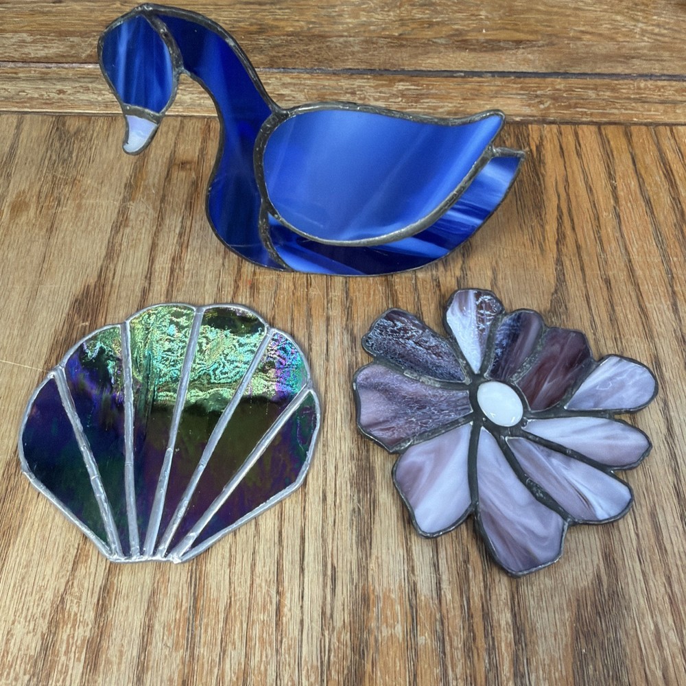 Set Of 3 Vintage Stained Glass Leaded Sun Catchers Mixed Natural Patina 1970’s