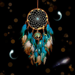 Dream Catcher Blue Tree of Life with Feathers, Mobile LED Fairy Lights Handmade