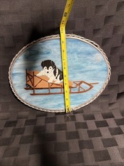 Stained Glass Hand Decorated Oval Shaped Sun Catcher With Dog Sled And Puppy