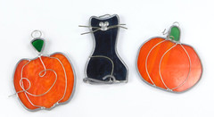 Lot of 3 Leaded Stained Glass Window Suncatchers Black Cat & Pumpkins Halloween