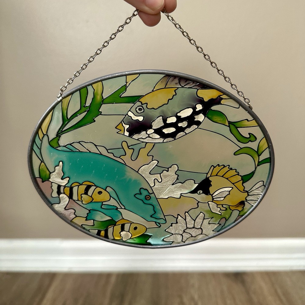 Vintage Window Art Suncatcher Tropical Fish Oval Hand Painted Glass Beach Ocean