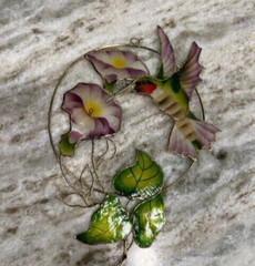 Vintage Suncatcher Capiz Shell Hummingbird Flowers Hand Painted
