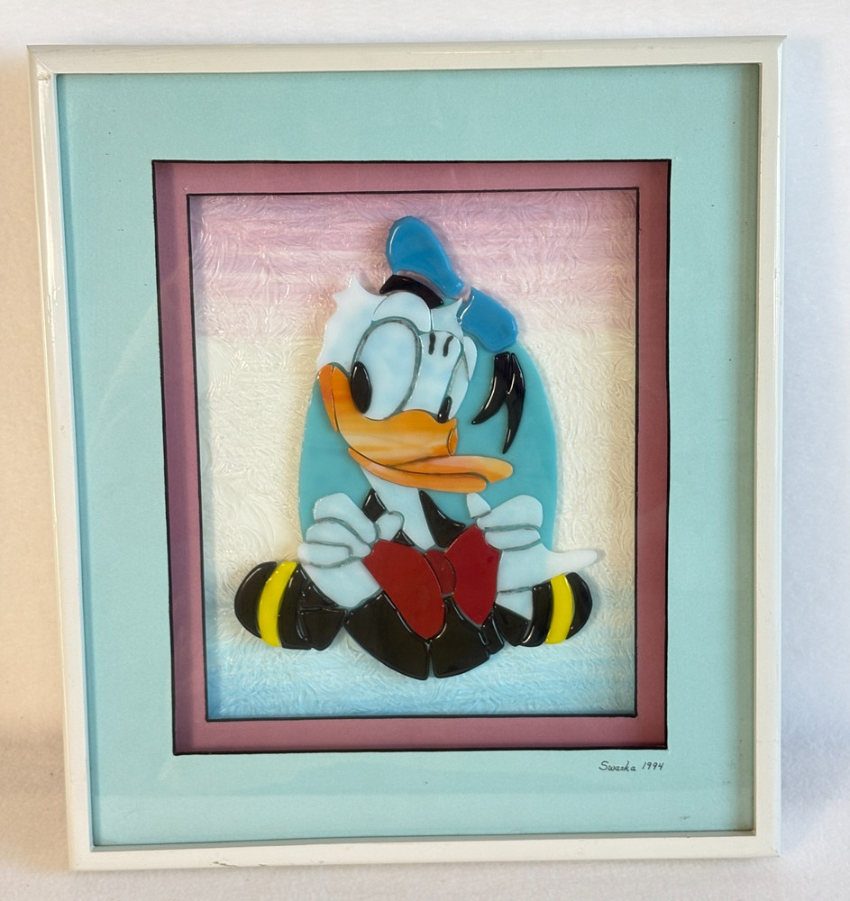 Framed Stained Glass Handmade USA DISNEY Donald Duck W/HAND Signed Swaska 1994