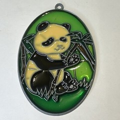 Vintage Bamboo Tree Panda Ornament Suncatcher 5” x 3” Oval Round Green