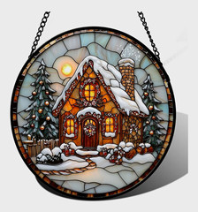 Stained Glass & Metal Christmas Cottage Suncatcher, Multicolor 7.8 in