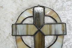 Vintage Stained Glass Cross Wall Hanging Window Sun Catcher Brown Tan