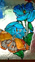 Art Texture Glass Butterfly/Flowers 9.5″ x 11.5″ Framed Ripple Glass Blue Brown