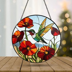 Hummingbird Poppy Flower Nature Bird Stained Glass Suncatcher Decor