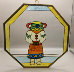 Octagon Metal Frame Glass Native American Hopi Kachina 8″ Hanging Suncatcher