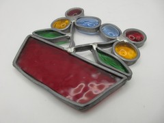 Vtg 4″ Artisan Stained Glass Floral Sun Catcher Flowers in Red Pot Art Hand Made