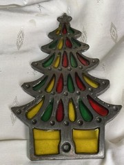 Vtg Cast Iron Stained Glass Christmas Tree Sun Catcher Decor -Repurposed-Tiffany