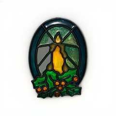 VTG Stained Glass Candle & Holly Holiday Christmas Decor Window Suncatcher