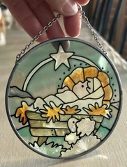 Vintage Stained Glass Sun Catcher Nativity Baby Jesus Manger Star 4.5” Hanging