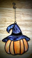 stained glass OPAQUE orange pumpkin with purple witches hat suncatcher