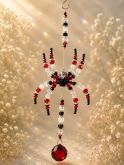 Red & Black Beaded Spider Suncatcher – Handmade Crystal Hanging Decor