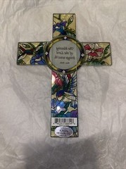 Amia Hand Painted Stained Glass Cross Suncatcher Flowers Birds Bible Verse -I