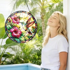 Colorful Hummingbird Stained Glass Suncatcher – 8 Inch Floral Window Decor