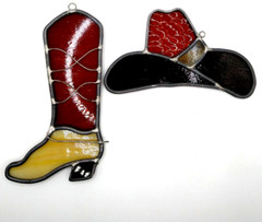 Vintage Stained Glass Cowboy Hat an Boot Brown Black Yellow Leaded