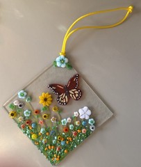 Fused Glass Handmade Diamond Shaped Multicolored Sun Catcher Signed By Artist