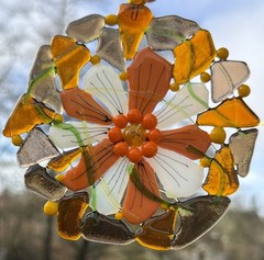 Fused Glass Handmade Round Multicolor Flower Sun Catcher Signed By Artist