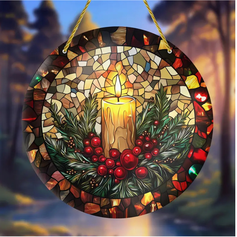 Bright Acrylic Christmas Candle Suncatcher-2D-Stained Glass Look-5.9″-Great Gift