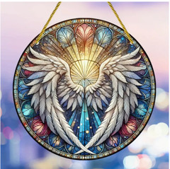 Angel Wings Suncatcher Round Acrylic Hanging Ornament – Stained Glass Look 6″