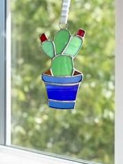 NEW Medium Cacti With Tuna Flowers Pot Window Sun-catcher.