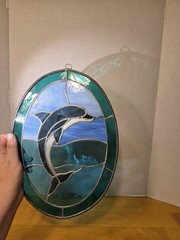 Stained Glass Sun Catcher Blue Dolphin Jumping in Green Ocean 13 x 9.5 oval