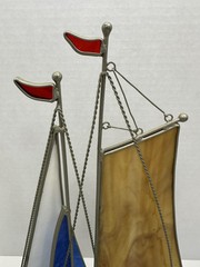 Vintage Stained Glass Boat 3D On Faux Driftwood Stand Sailboat Ship Decor