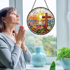 Cross Flower Stained Glass Window Hanging Gift, 7.8″ Sun Catchers Indoor Wind…