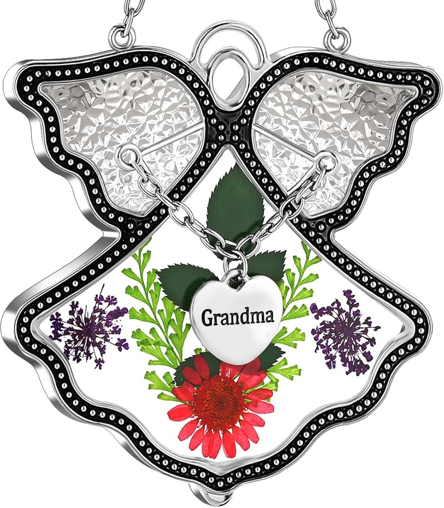 Flower Press Angel Suncatcher Grandma Stained Glass Window Hanging Wind Chimes