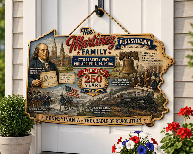 Personalized Pennsylvania USA Americana Wooden Sign with Rope