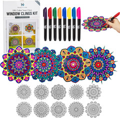Stained Glass Mandala Art Kit – DIY Window Clings with Markers, 10 Suncatchers –
