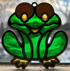 Vintage Frog Sun Catcher Green Yellow ~ 3.5″x3.5″ Lead Pattern w/ Melted Filler