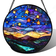 Stained Glass Suncatcher, Blue Sky Gold Stars Decor for Windows, 6.3 in