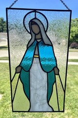 Vtg Handmade Stained Glass Virgin Mary Madonna Window Hanging Sun Catcher 8.5×15