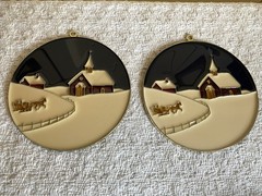 VTG Winter Snow Scene W/ Church Sleigh Plastic Stained Glass Sun Catcher 4.75”