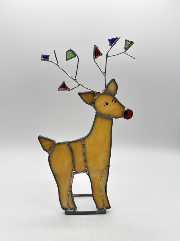 Vintag Stained Glass Reindeer Deer Brown Green Bell Suncatcher Christmas Decor