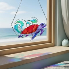 Sea Turtle Stained Glass Window Hanging Ocean Sea Life Sun Catchers Indoor Panel